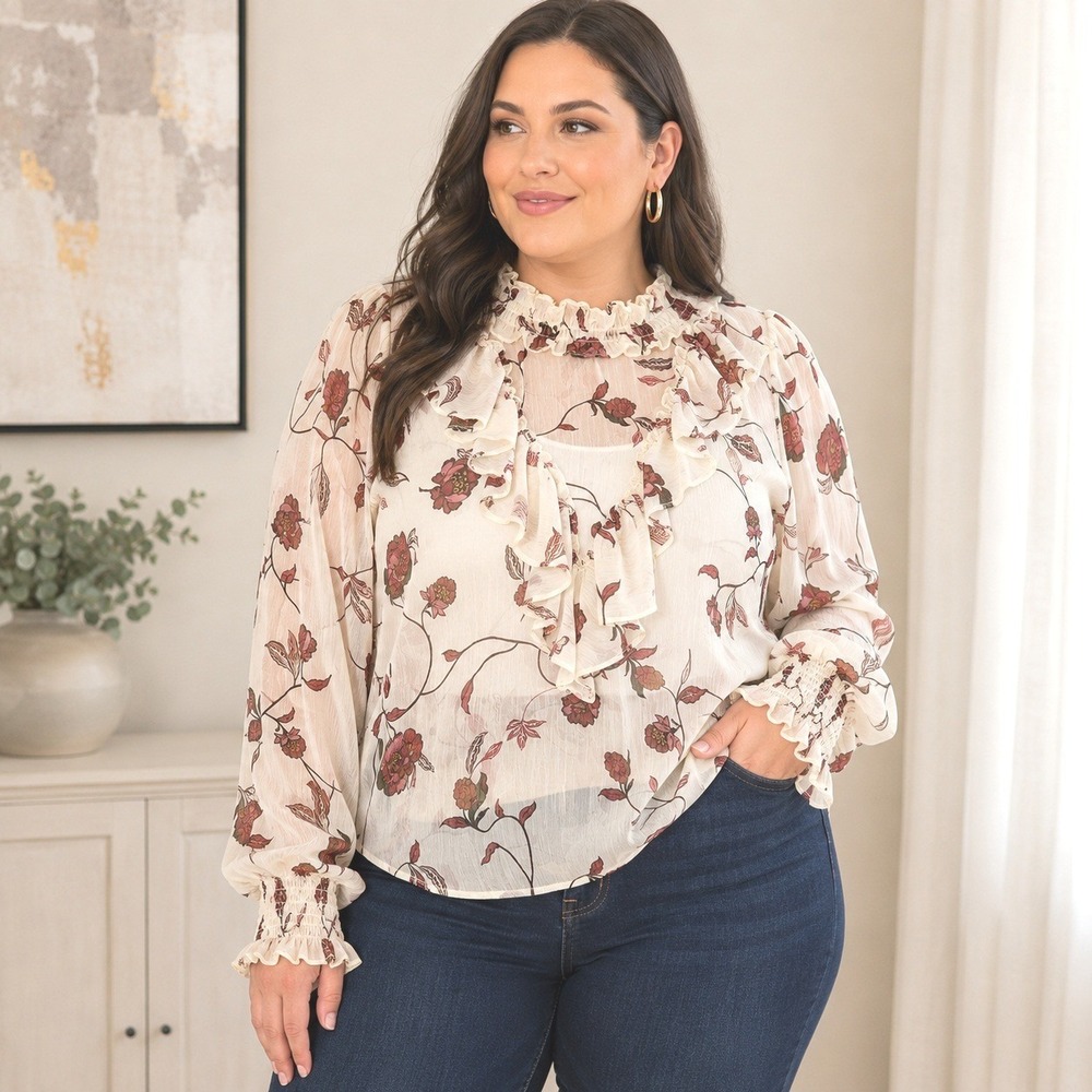 NWT Eloquii Elements Floral Sheer Ruffle Blouse Womens‎ Sz 24 Smocked Romantic
